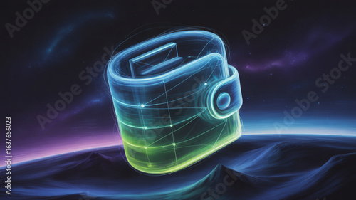 Digital Wallet in Cyber Space: An eye-catching digital wallet floats in a vast cosmos, highlighting the future of finance, data security.