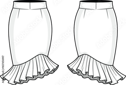 Elegant white pencil skirt, ruffled hem detail, fashion CAD drawing, flat vector illustration, stylish apparel design, women's clothing, trendy skirt