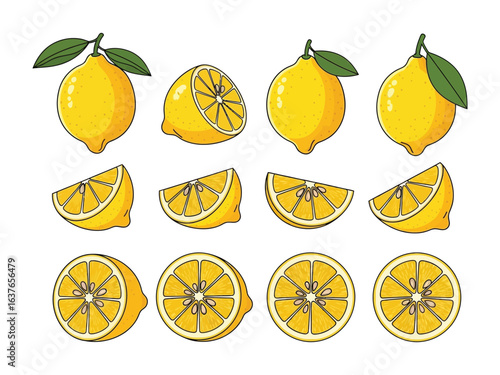 Zesty Lemon Symphony: A delightful arrangement of vibrant yellow lemons, whole, sliced, and sectioned, radiates freshness and zest, ideal for culinary and design projects.