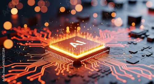 Glowing ai processor chip on a circuit board with orange light trails, symbolizing artificial intelligence and advanced technology