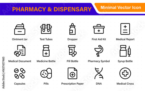 Pharmacy and dispensary icons. outline thin line icons such as apps, chemicals, drugs, weight, glucometer, syringe, and formula.