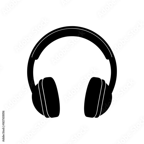 Black audio headphones on transparent background silhouette