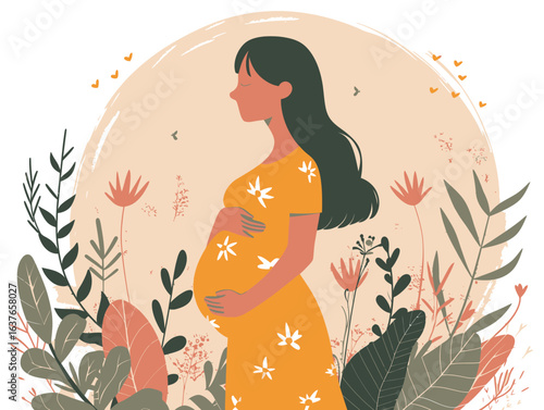 A pregnant woman is standing in a field of colorful flowers, her belly prominently displaying her pregnancy. The scene is serene, with the woman looking peaceful and contemplative.