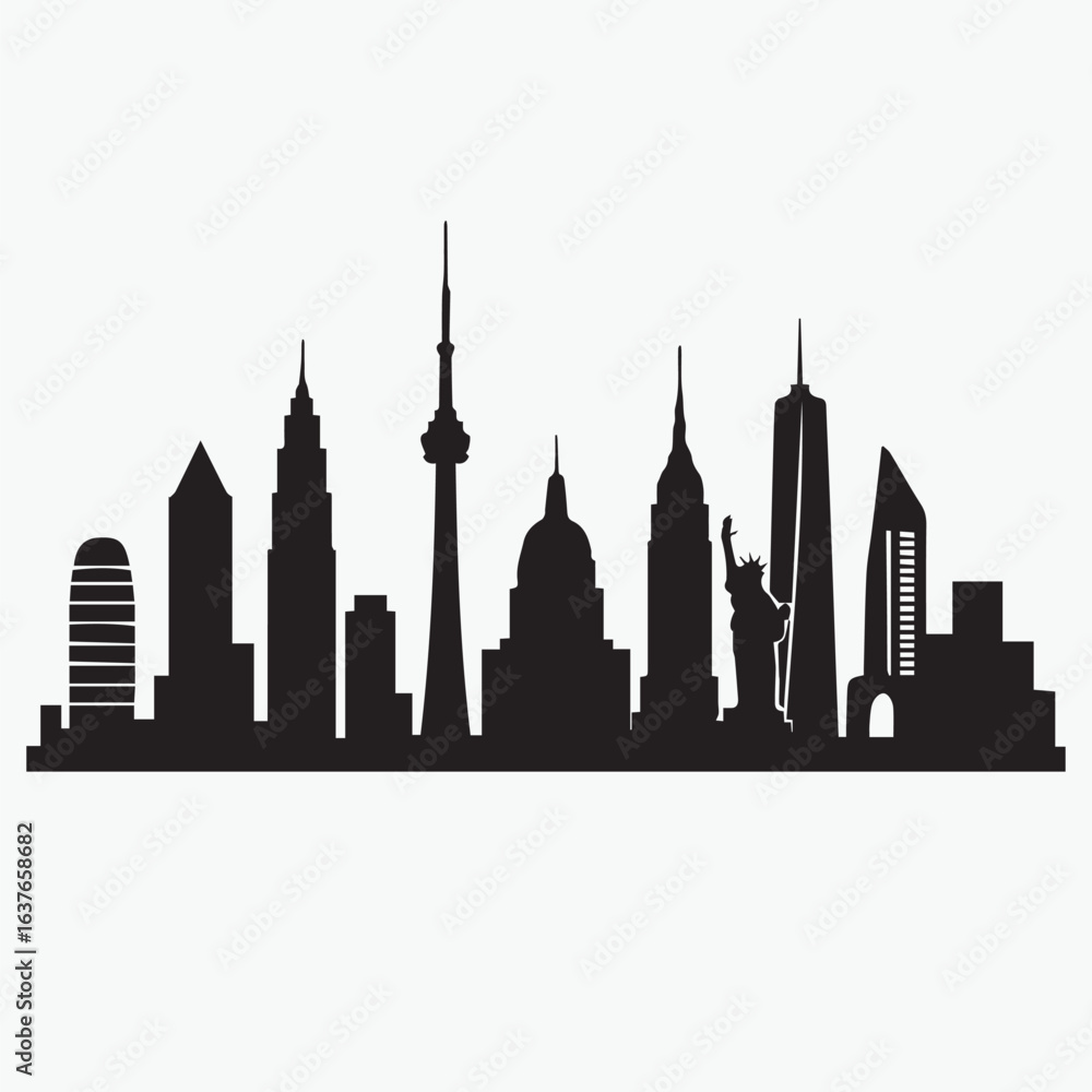 Fototapeta premium Black silhouette vector of a modern city skyline with famous buildings and skyscrapers, clean minimal style, isolated on white background, perfect for T-shirt