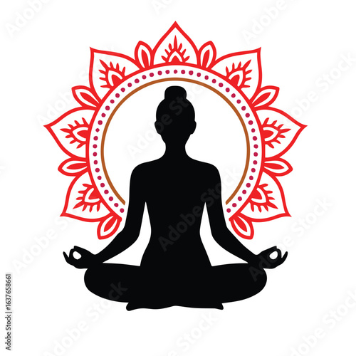 Elegant female silhouette in yoga lotus pose with a circular mandala background, black solid vector style, clean and minimal, isolated on white background, perfect for wellness brand logo, T-shirt,