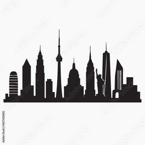 Black silhouette vector of a modern city skyline with famous buildings and skyscrapers, clean minimal style, isolated on white background, perfect for T-shirt