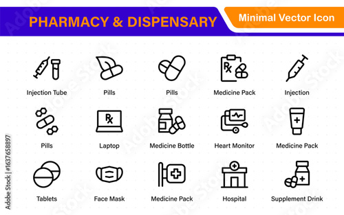 Pharmacy and dispensary icons. outline thin line icons such as apps, chemicals, drugs, weight, glucometer, syringe, and formula.