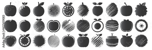 Silhouettes of various fruits in rows, each with unique textures and shapes, conveying diversity and creativity in a monochrome style.