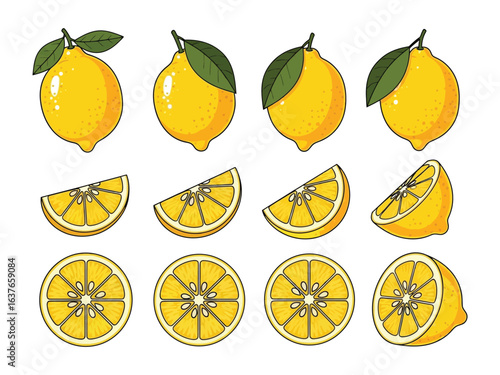 Zesty Citrus Delight: An illustration showcasing the vibrancy of lemons in various forms—whole, sliced, and halved—presenting a visual feast of refreshing summer fruit and culinary possibilities.
