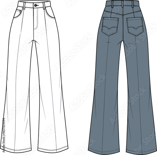 Wide-leg jeans flat sketch with high waist, five-pocket style, belt loops, front and back views, classic denim design, casual wear