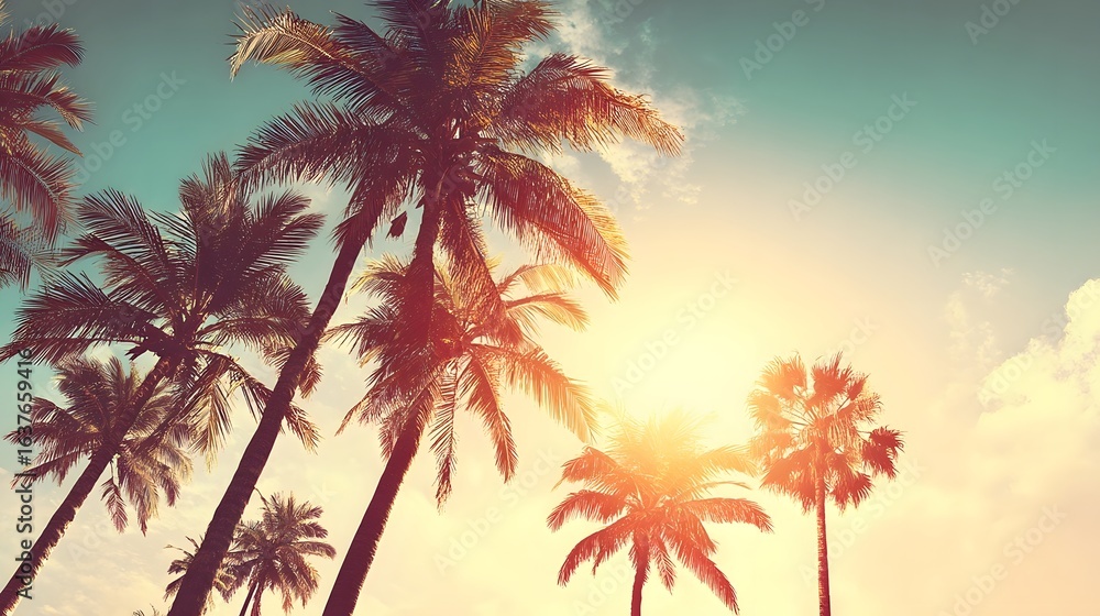 Obraz premium Tropical palm trees silhouette against a vibrant sunset sky.