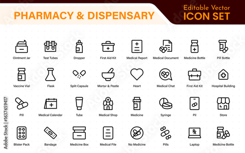 Pharmacy and dispensary icons. outline thin line icons such as apps, chemicals, drugs, weight, glucometer, syringe, and formula.