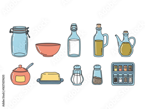 Kitchen Utensils Illustration: An illustrated array of kitchen essentials showcases culinary tools, depicting a jar, bowl, bottle, oil, vinegar, condiment, salt, pepper.