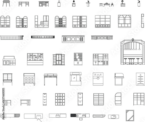 Vector Collection of Auxiliary Furniture and Cabinets with Black and White Outline