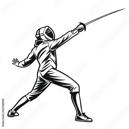 Dynamic Fencing Athlete in Action Black and White Illustration of Competitive Sportsmanship and Skillful Technique