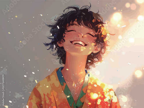 A person is shown with a genuine smile on their face, radiating happiness and joy. Their eyes are bright, and their mouth forms a wide grin, showcasing their positive emotion.