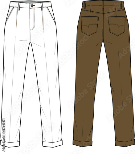 Men’s casual pants flat sketch, front and back views, cuffed hem, pleated design, side pockets, classic tailored style, fashion technical drawing
