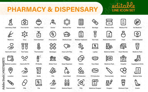 Pharmacy and dispensary icons. outline thin line icons such as apps, chemicals, drugs, weight, glucometer, syringe, and formula.