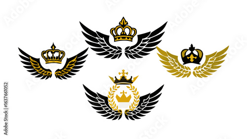 Four winged crown emblems in black and gold showcasing regal and majestic design elements in a row