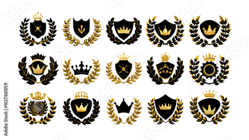 Collection of heraldic emblems featuring crowns shields and laurel wreaths in gold and black colors