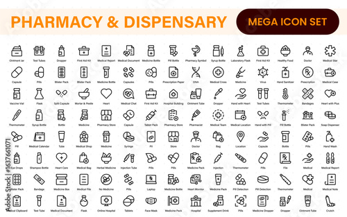 Pharmacy and dispensary icons. outline thin line icons such as apps, chemicals, drugs, weight, glucometer, syringe, and formula.
