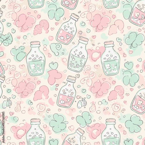 A whimsical pattern showcases bottles filled with colorful liquids alongside hearts, butterflies, and clover shapes, creating a sweet and playful design on a textured background.