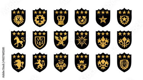 Collection of black shields with gold emblems and stars displayed in a structured arrangement