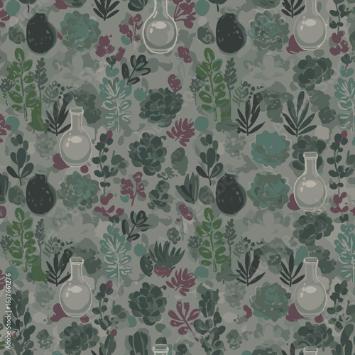 This intricate digital illustration showcases a harmonious blend of lush green foliage and delicate glass beakers, creating a captivating repeating design.