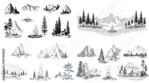A collection of sketch illustrations of mountain scenery, pine forests, and campfires, perfect for nature designs, adventures, and outdoor exploration.