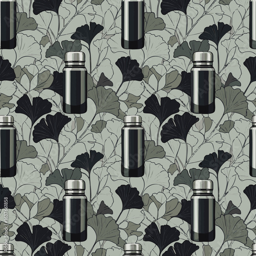 A sophisticated seamless pattern features sleek black thermos bottles and elegant ginkgo leaves, presented in a muted green and grey palette, ideal for modern design.