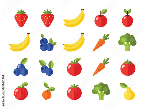 Vibrant Icons of Nature's Bounty: A delightful arrangement of colorful fruits and vegetables, including juicy strawberries, golden bananas, radiant apples, blueberries, fresh carrots, broccoli.