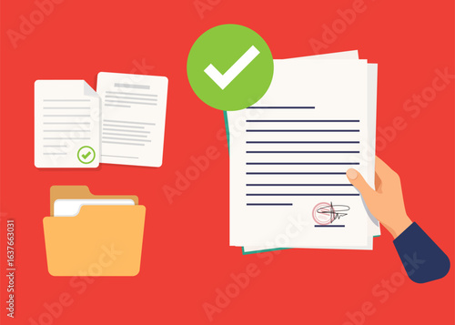 Approved document. Businessman holding approved documents. Approved contract, agreement. Vector illuctration stock illustration.