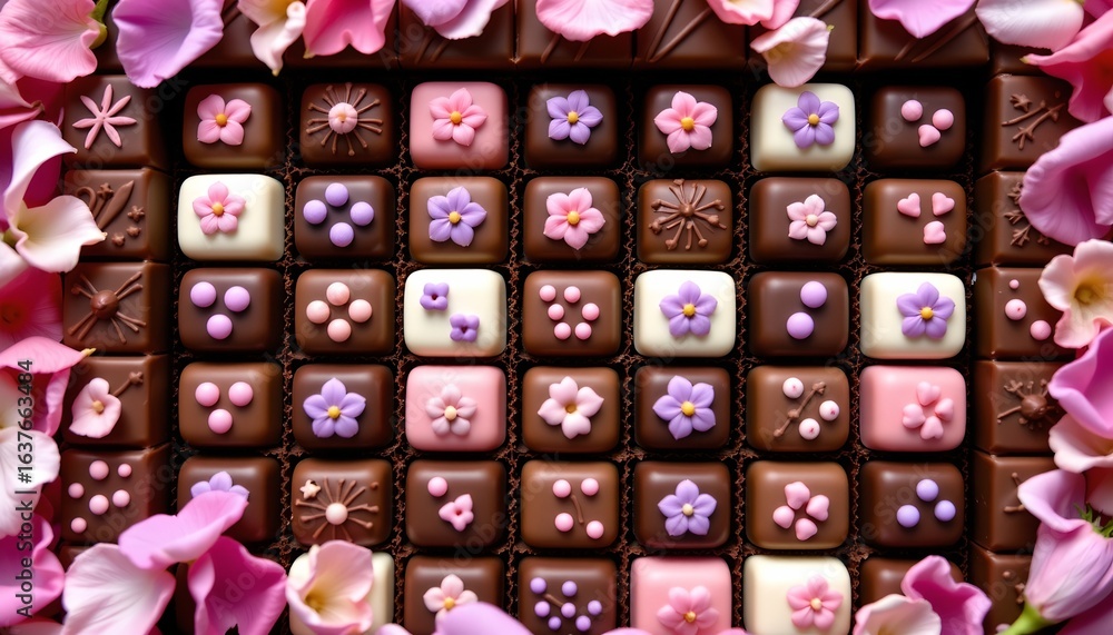 Fototapeta premium Artfully Decorated Chocolate Collection with Floral Accents