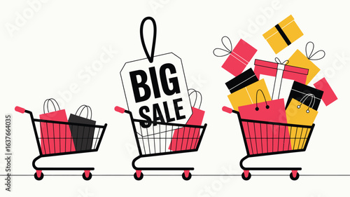 Three shopping carts filled with gift boxes and bags for a big sale event