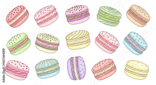 Pattern Design Vector featuring colorful Macarons in pastel colors Food Vector Illustration for bakery and sweet shop with decorative elements