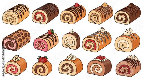 Illustration Art Vector of Colorful Swiss Roll Cakes Pattern with Strawberry Topping and Cream Design