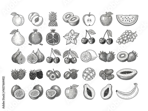 Exquisite Fruit Selection in Monochrome: A sophisticated grayscale illustration displays a diverse array of fresh fruits, meticulously detailed to capture their unique textures and shapes.