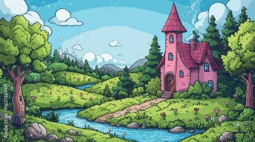 A cartoonish drawing of a pink house with a red roof and a green tree in front of it. The house is surrounded by a lush green field and a river. The scene is peaceful and serene
