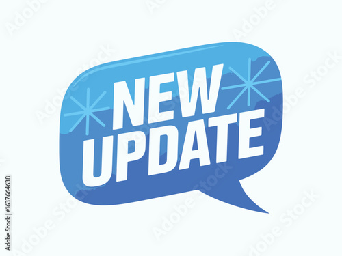 Bright blue speech bubble announcing new update with sparkle accents