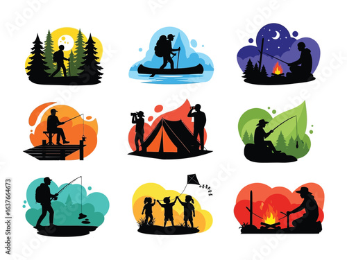 Adventurous Illustrations: A collection of illustrated scenes capturing various outdoor activities such as hiking, camping, fishing, and kite-flying.