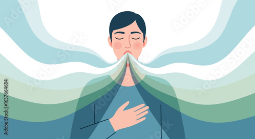 Illustration Vector of Breathing Exercise with Person and Green Blue Waves in Modern Style