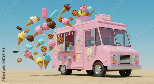 Wallpaper Mural Pink ice cream truck with ice cream and cookies flying out, desert scene. Torontodigital.ca