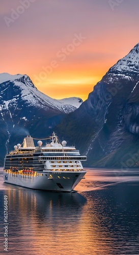 Cruise Ship Sailing Through Fjord at Sunset with Snow-Capped Mountains