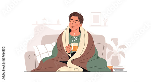 Illustration Vector of Person Resting Relaxing Home with Blanket and Cup in Modern Style with Subtle Colors