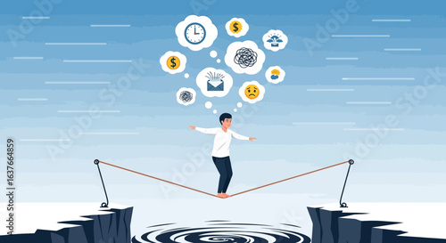 Illustration Art Vector of Tightrope Walker with Cloud Bubble Icons representing stress and work life balance issues in Flat Style