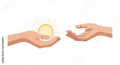 Vector Illustration with Human Hands Holding and Receiving a Glowing Light for Giving and Sharing in Conceptual Style