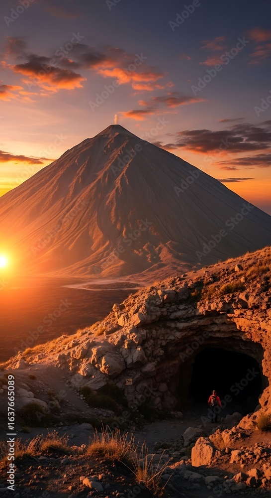 Fototapeta premium Volcanic Peak at Sunset: Hiker by Cave Entrance, Dramatic Sky
