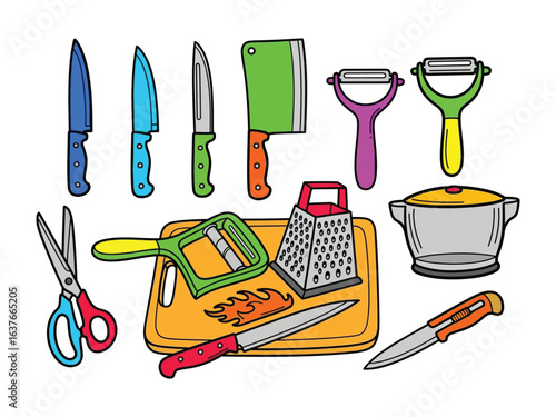 Culinary Arsenal Illustration: A collection of various kitchen tools arranged, ready for culinary creation, including a knives, shears, graters and chopping board.
