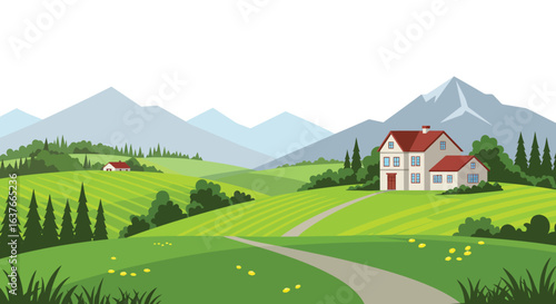 Scenic Landscape with House and Mountains in Silhouette Style silhouette