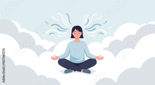 Illustration Art Vector of Woman Meditating in Clouds with Mind Waves Spiritual and Calm Design
